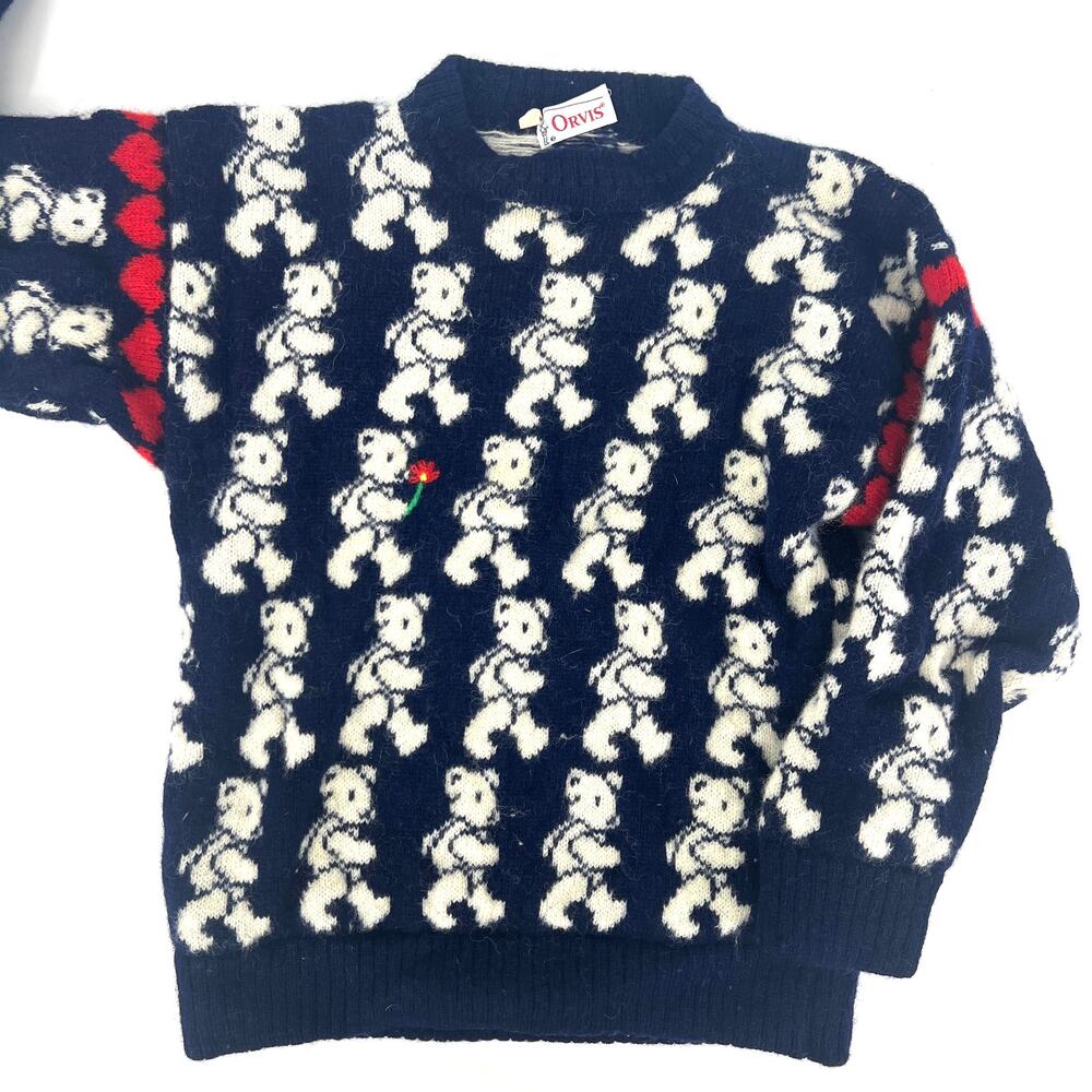 Vintage 80s Orvis UK Made Navy White Wool Teddy Bear All Over Grateful Hearts XS